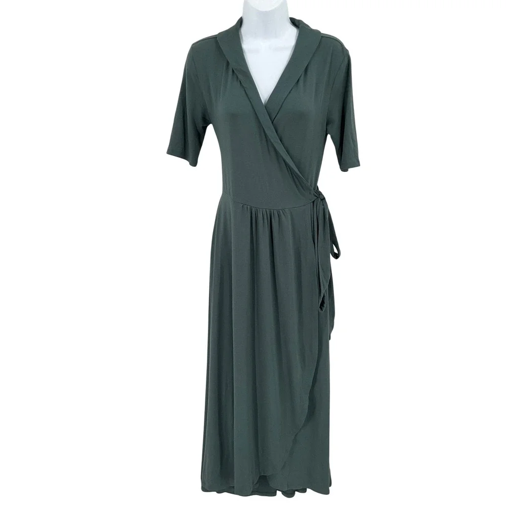 Quince Wrap Dress Women M Teal Classic Minimalist Luxury Midi Office Flowy
